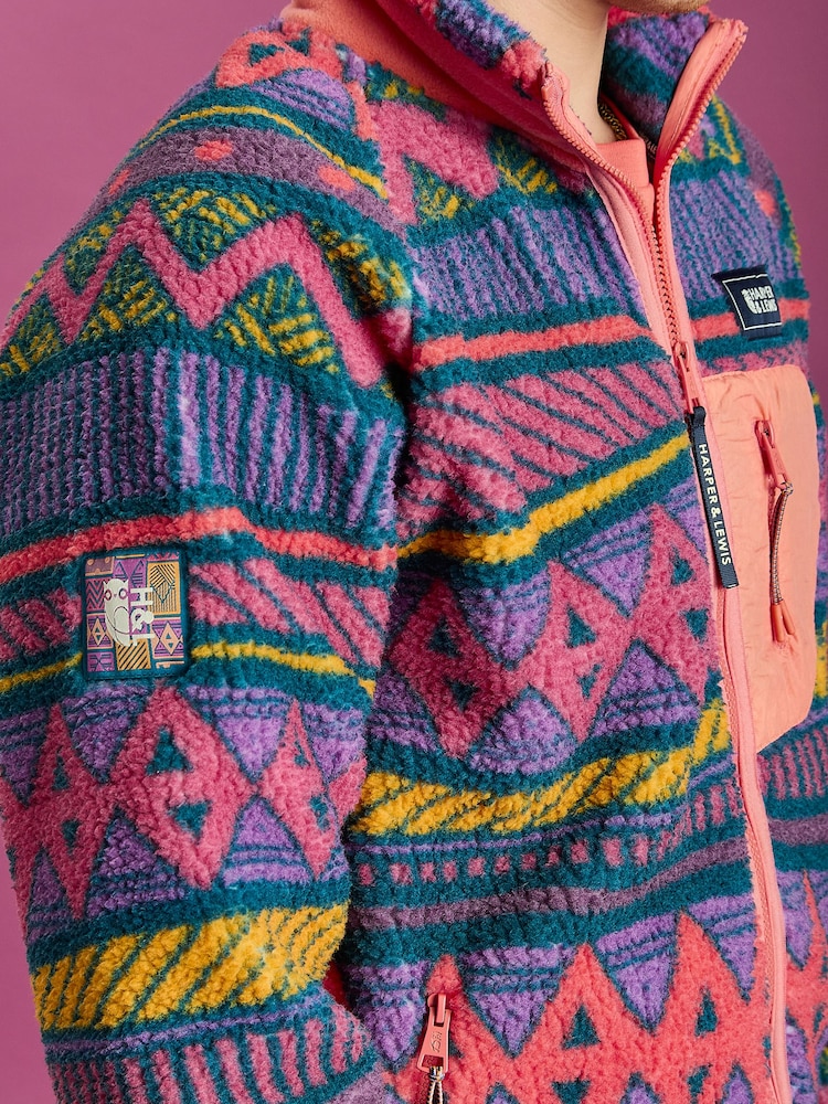 Harper & Lewis Green Finn Retro Pattern Full Zip Sherpa Fleece Jacket - Image 7 of 7