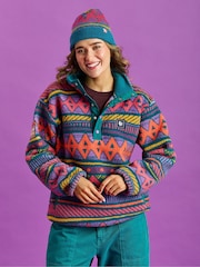 Harper & Lewis Green Charlie Retro Pattern Popper Neck Sherpa Fleece - Image 1 of 6