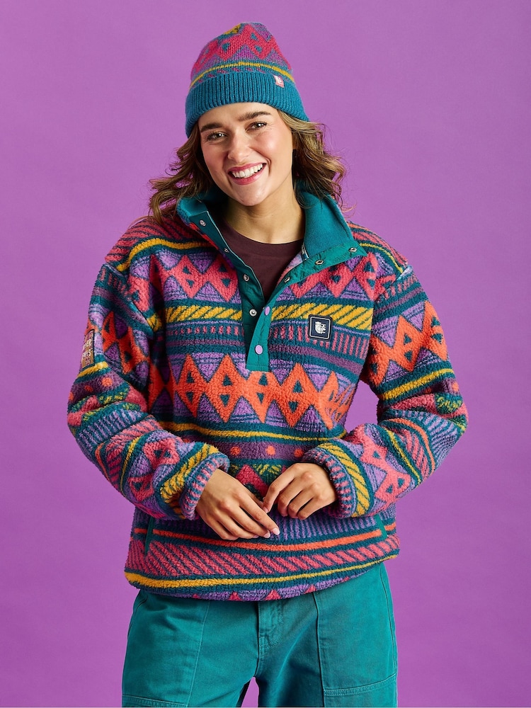 Harper & Lewis Green Charlie Retro Pattern Popper Neck Sherpa Fleece - Image 1 of 6 Harper & Lewis Green Charlie Retro Pattern Popper Neck Sherpa Fleece - Image 1 of 6