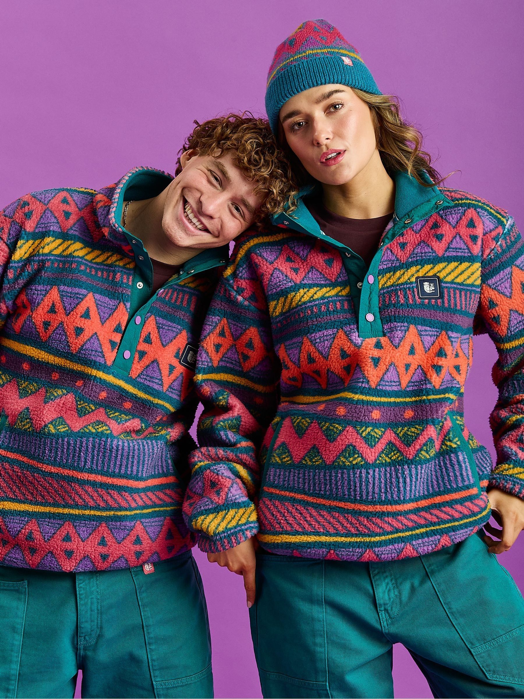 Buy Harper & Lewis Green Charlie Retro Pattern Popper Neck Sherpa