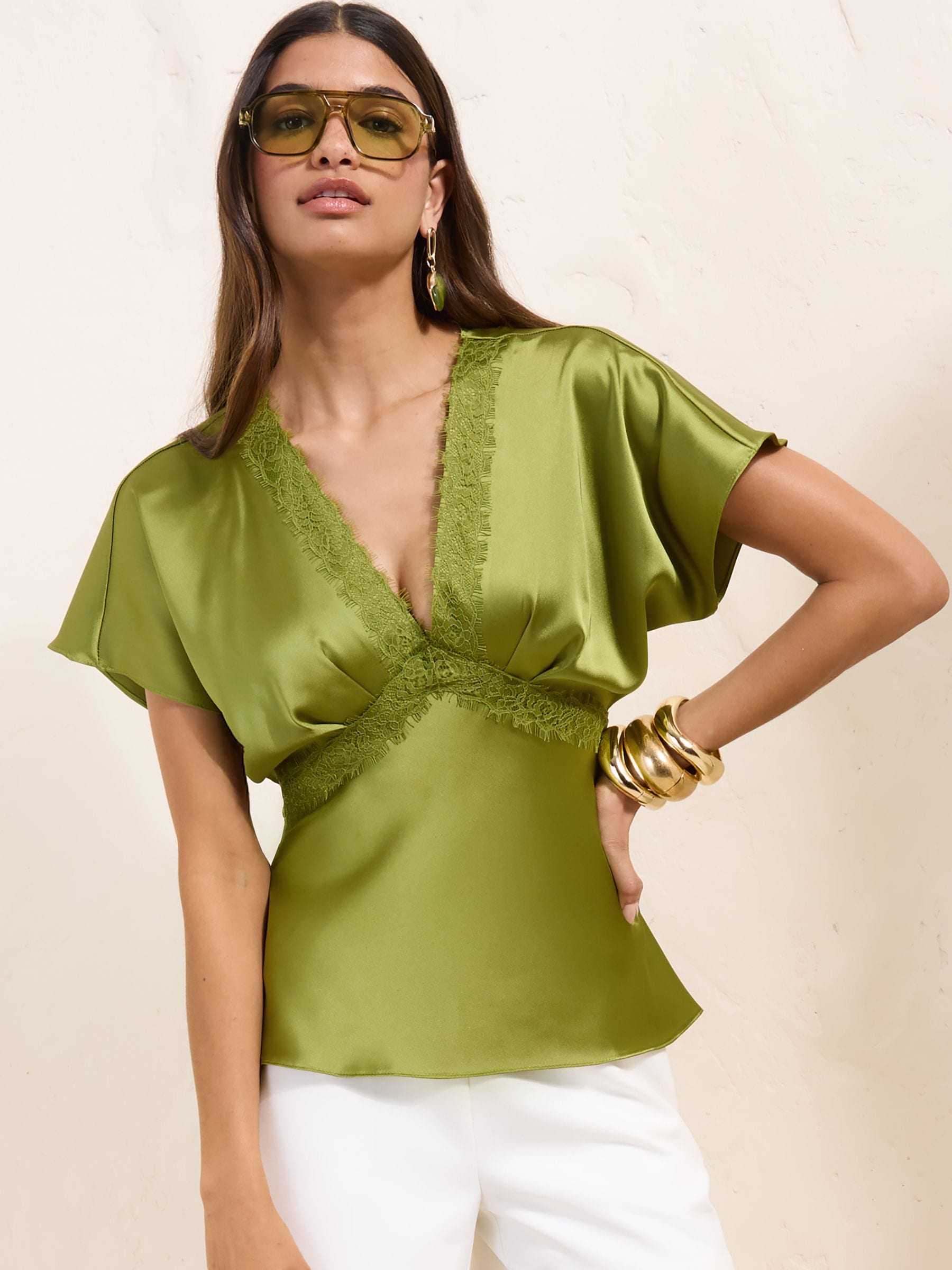 Buy Friends Like These Olive Green Satin Short Sleeve Lace Blouse