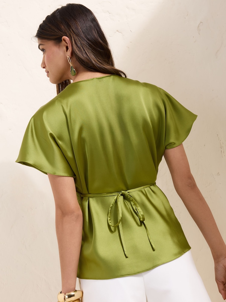 Friends Like These Olive Green Satin Short Sleeve Lace Blouse - Image 5 of 5