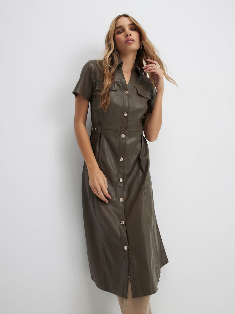 River Island Green Faux Leather Button Midi Shirt Dress - Image 1 of 4
