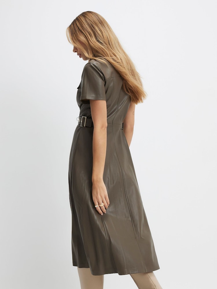 River Island Green Faux Leather Button Midi Shirt Dress - Image 2 of 4