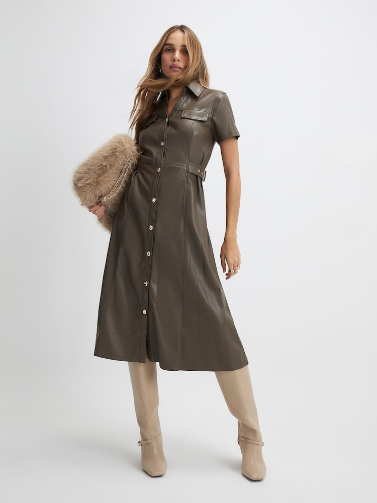 knee length dresses for ladies Solid Black Button Down Midi Leather Shirt Dress Fall 2023 L / Same As Picture