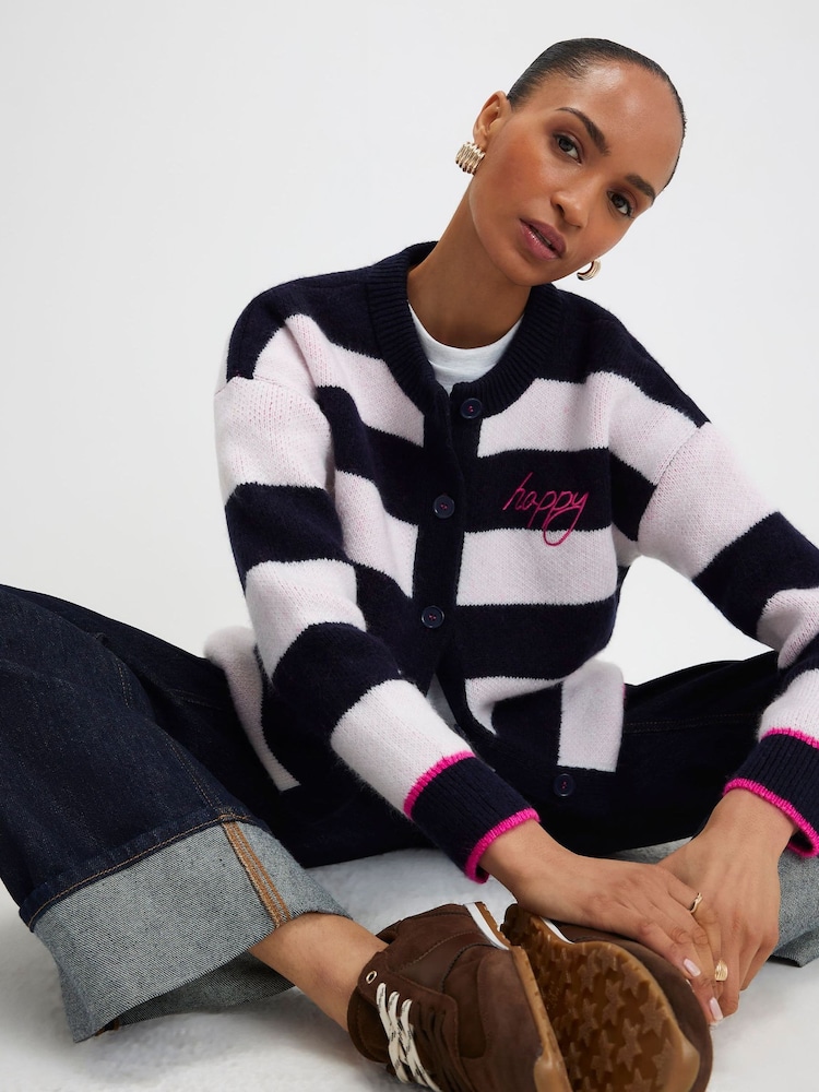 River Island Blue Stripe Smiley Face Button up Cardigan - Image 1 of 4