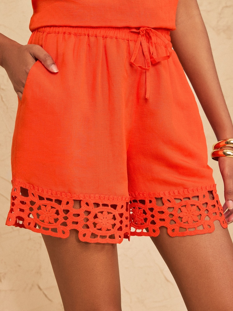 Love & Roses Orange Viscose/Linen Crochet Trim Shorts - Image 1 of 4