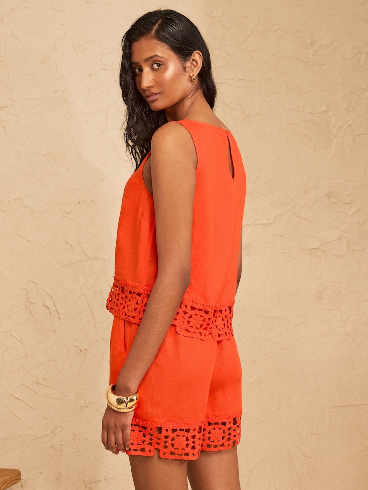 Love & Roses Orange Viscose/Linen Crochet Trim Shorts - Image 4 of 4