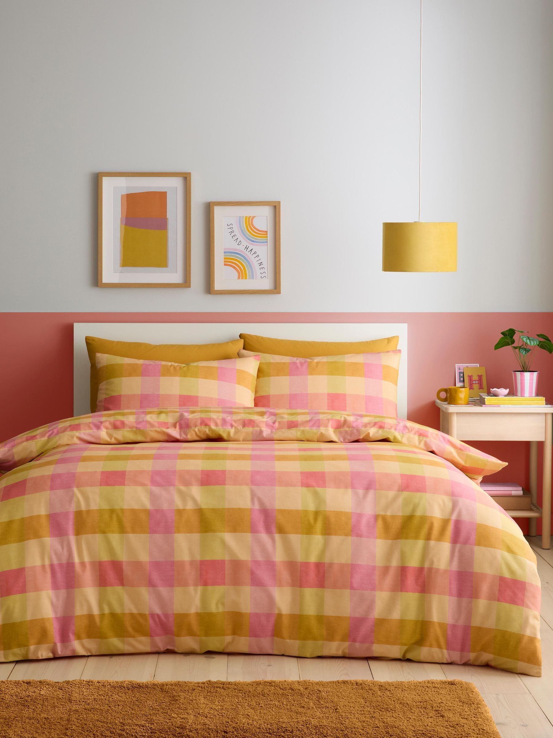 Fusion Unisex Orange Block Check Easy Care Reversible Duvet Cover Set - Image 3