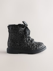 Black Glitter Standard Fit (F) Lace Up Ankle Boots - Image 2 of 6