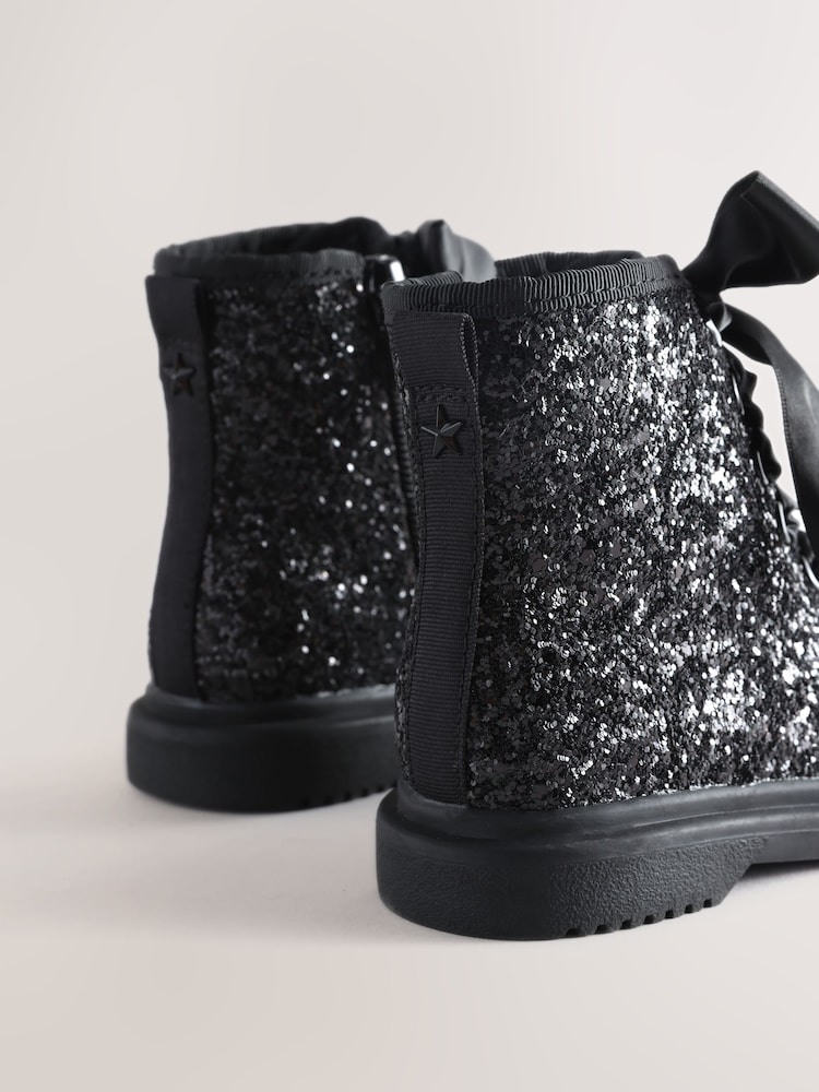 Black Glitter Standard Fit (F) Lace Up Ankle Boots - Image 6 of 6 Black Glitter Standard Fit (F) Lace Up Ankle Boots - Image 6 of 6