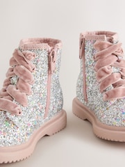 Silver/Pink Glitter Standard Fit (F) Lace Up Ankle Boots - Image 3 of 5