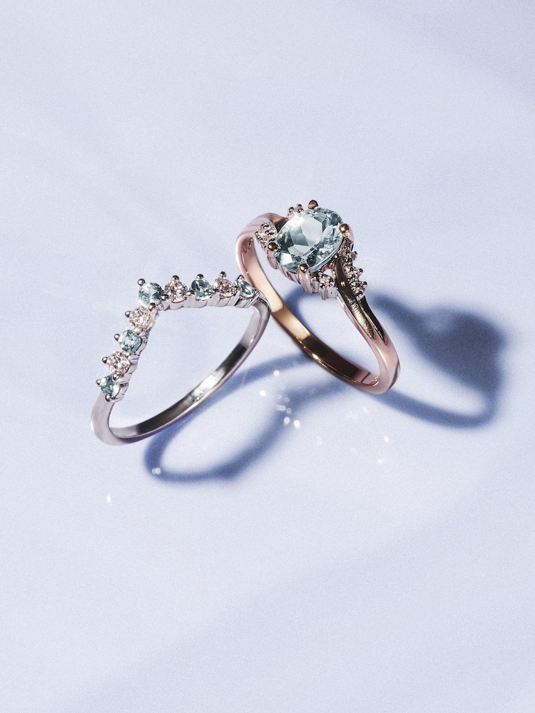 The Diamond Store Blue White Aquamarine and Lab Diamond Wishbone Ring in 9K Gold - Image 2 of 7