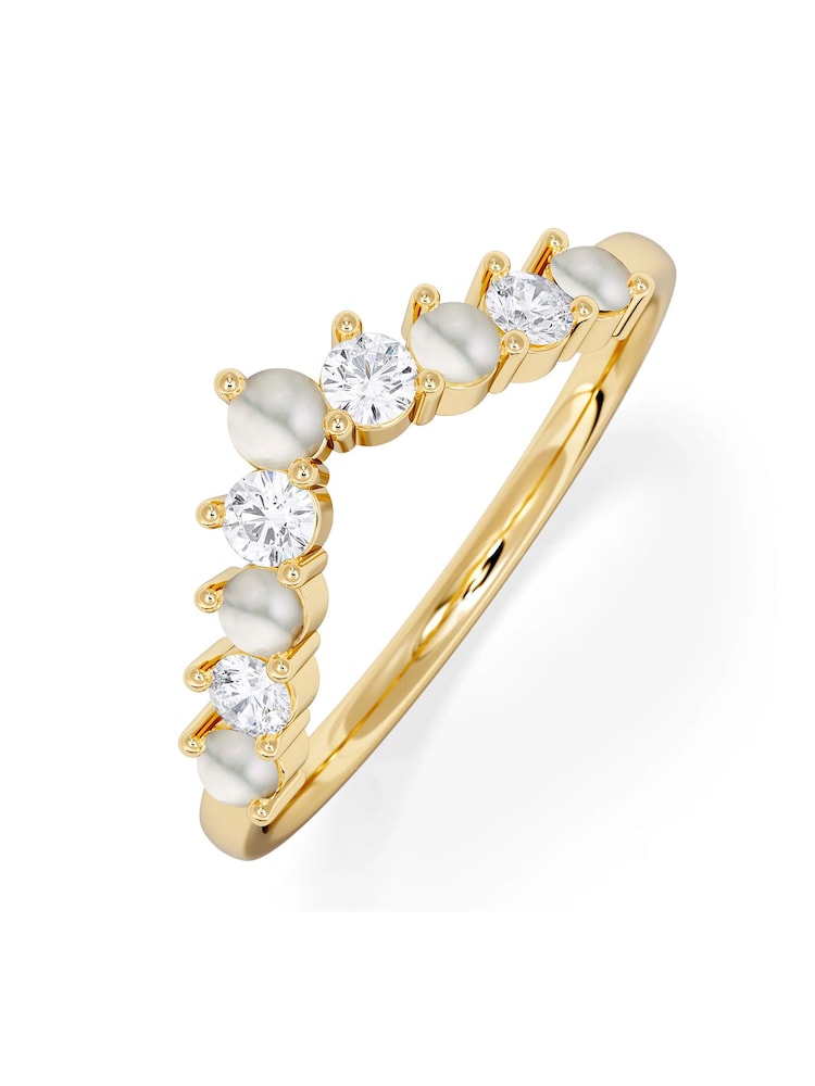 The Diamond Store White Pearl Opal and Lab Diamond Wishbone Ring in 9K Yellow Gold - Image 1 of 5