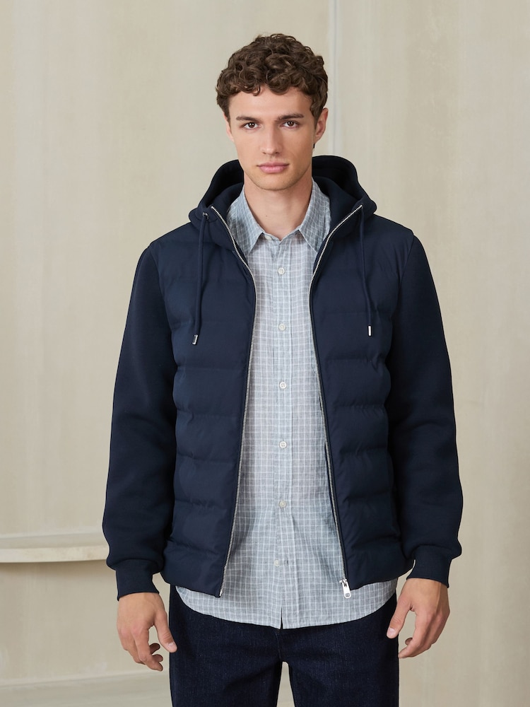 Navy Quilted Hybrid Hooded Jacket - Image 1 of 12 Navy Quilted Hybrid Hooded Jacket - Image 1 of 12