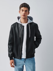 Black Faux Leather Mock Hoodie Jacket - Image 1 of 13