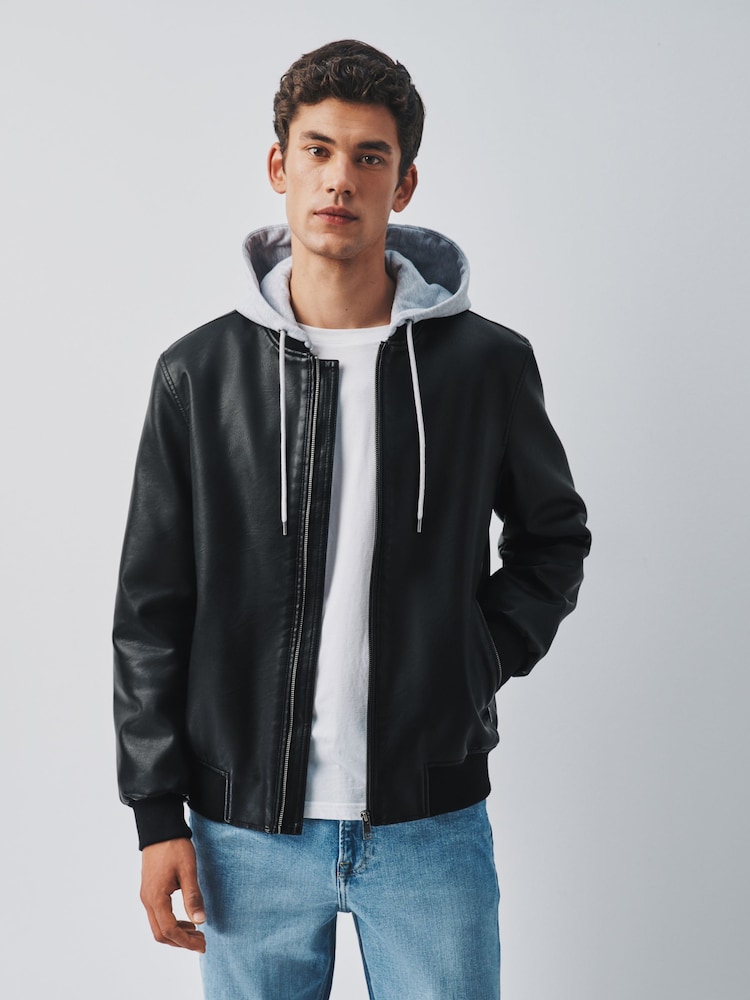 Black Faux Leather Mock Hoodie Jacket - Image 1 of 13 Black Faux Leather Mock Hoodie Jacket - Image 1 of 13