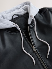 Black Faux Leather Mock Hoodie Jacket - Image 11 of 13