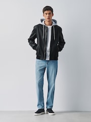 Black Faux Leather Mock Hoodie Jacket - Image 2 of 13