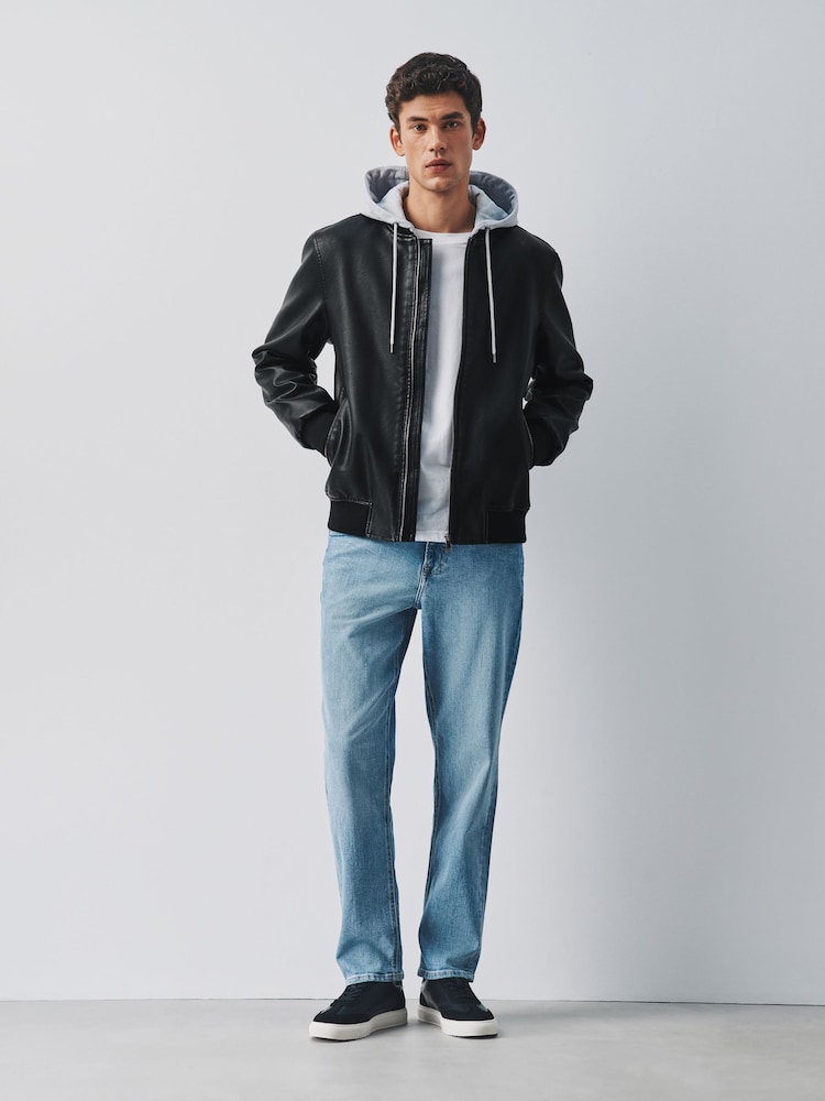 Black Faux Leather Mock Hoodie Jacket - Image 2 of 13 Black Faux Leather Mock Hoodie Jacket - Image 2 of 13