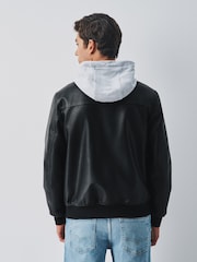 Black Faux Leather Mock Hoodie Jacket - Image 3 of 13
