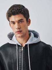 Black Faux Leather Mock Hoodie Jacket - Image 4 of 13