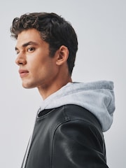 Black Faux Leather Mock Hoodie Jacket - Image 6 of 13