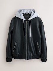 Black Faux Leather Mock Hoodie Jacket - Image 8 of 13