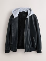 Black Faux Leather Mock Hoodie Jacket - Image 9 of 13