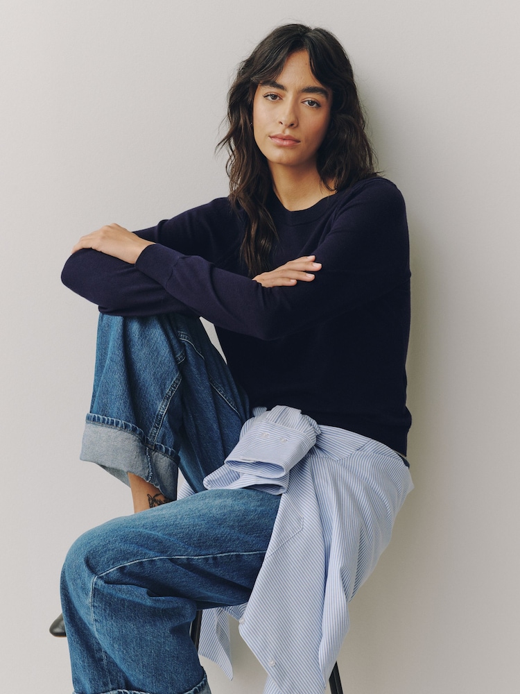Navy Blue Cotton Rich Soft Touch Long Sleeve Crew Neck Jumper - Image 1 of 8 Navy Blue Cotton Rich Soft Touch Long Sleeve Crew Neck Jumper - Image 1 of 8