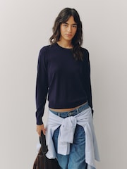 Navy Blue Cotton Rich Soft Touch Long Sleeve Crew Neck Jumper - Image 3 of 8