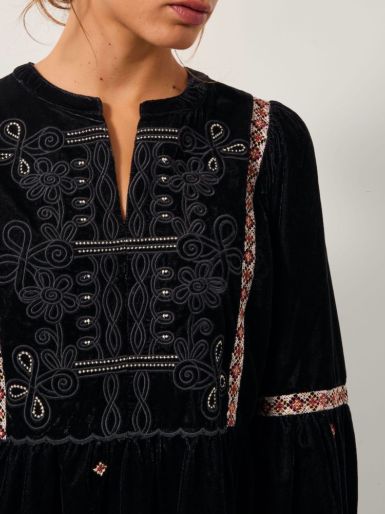 Monsoon Black Noni Embroidered Velvet Long Sleeve Midi Dress - Image 2 of 5 Monsoon Black Noni Embroidered Velvet Long Sleeve Midi Dress - Image 2 of 5