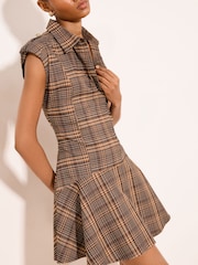 Lipsy Brown Check Print Knot Button Utility Tab Collared Mini Dress - Image 3 of 5