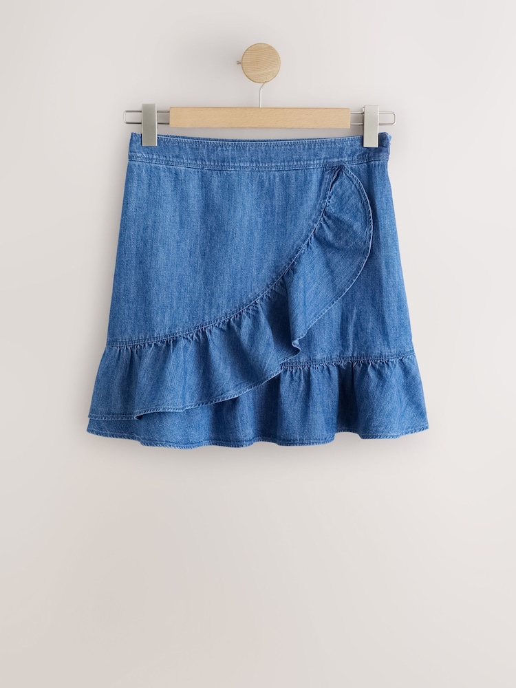 Mid Blue Frill Flippy Denim Mini Skirt - Image 1 of 4 Mid Blue Frill Flippy Denim Mini Skirt - Image 1 of 4
