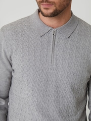 Threadbare Grey Textured Knit Quarter Zip Polo Jumper - Image 4 of 5