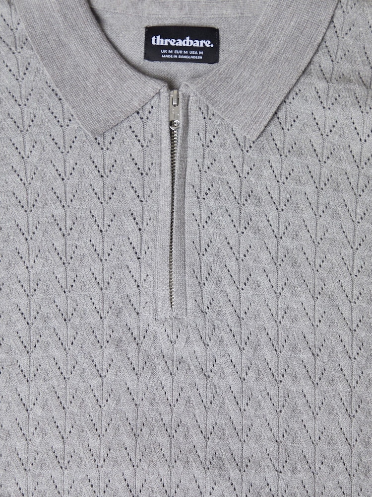Threadbare Grey Textured Knit Quarter Zip Polo Jumper - Image 5 of 5