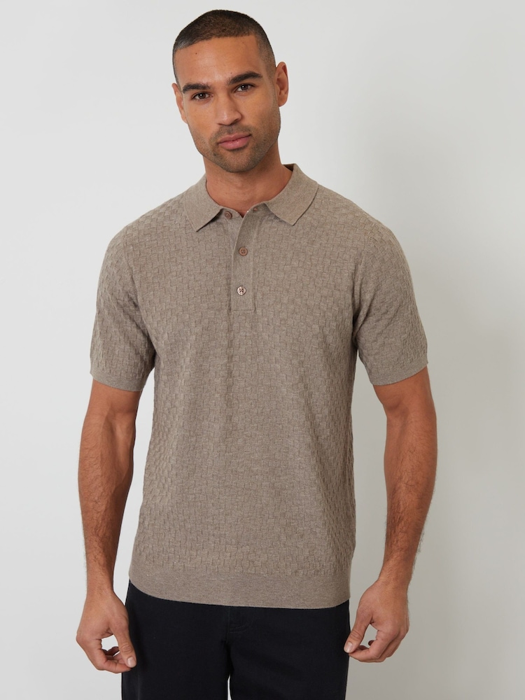 Threadbare Brown Basket Stitch Knitted Polo Shirt - Image 1 of 5