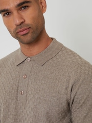 Threadbare Brown Basket Stitch Knitted Polo Shirt - Image 3 of 5