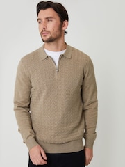 Threadbare Cream Textured Knit Quarter Zip Polo Jumper - Image 1 of 5