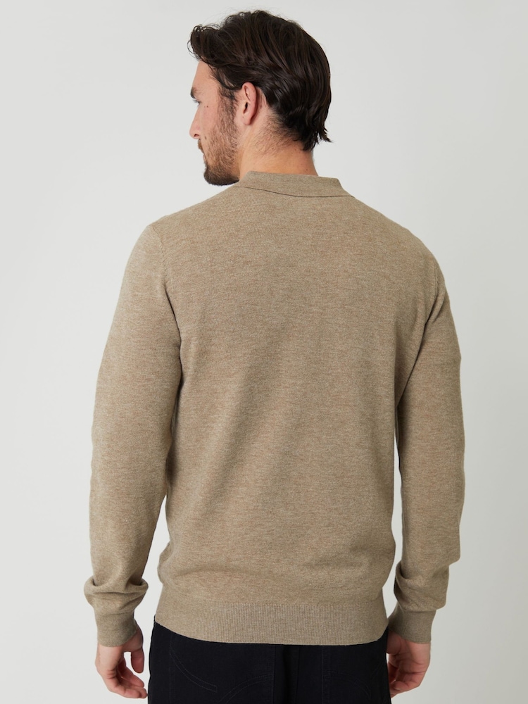 Threadbare Cream Textured Knit Quarter Zip Polo Jumper - Image 2 of 5