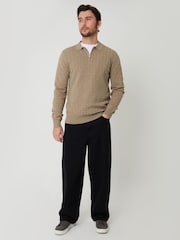 Threadbare Cream Textured Knit Quarter Zip Polo Jumper - Image 3 of 5