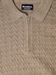 Threadbare Cream Textured Knit Quarter Zip Polo Jumper - Image 5 of 5