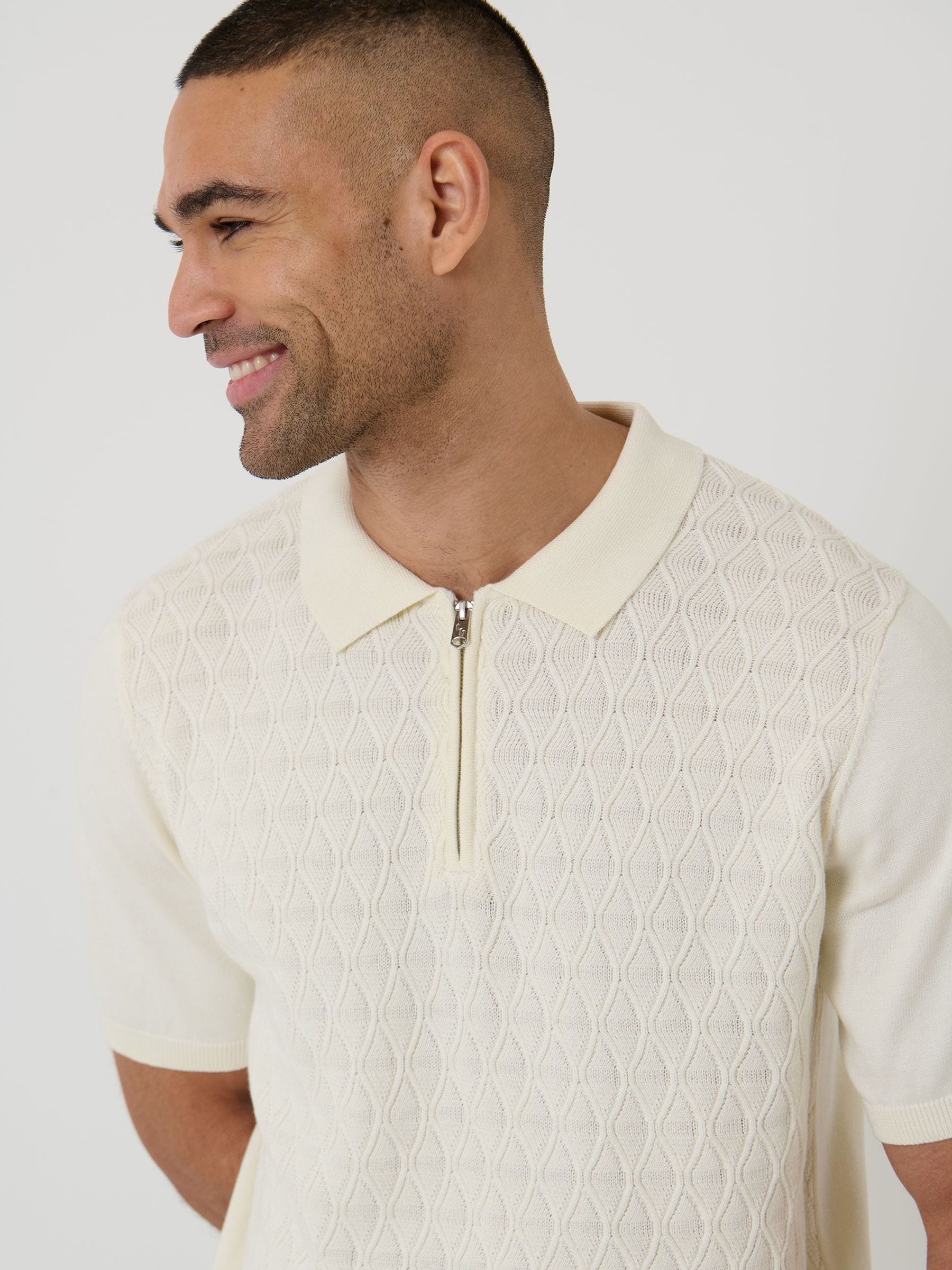 Buy Threadbare Cream Diamond Cable Knit Quarter Zip Polo Shirt