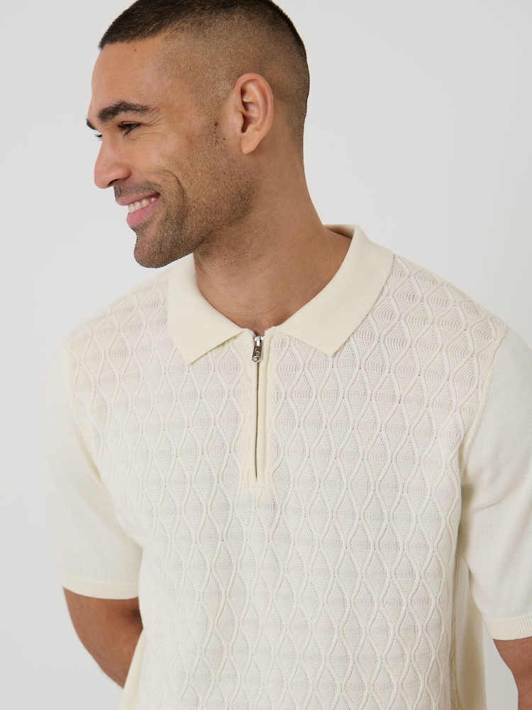 Threadbare Cream Diamond Cable Knit Quarter Zip Polo Shirt - Image 4 of 4