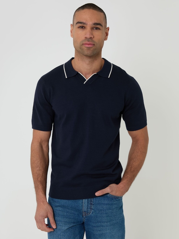 Threadbare Blue Knitted Contrast Tipping Trophy Neck Polo Shirt - Image 2 of 4