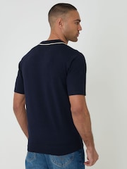 Threadbare Blue Knitted Contrast Tipping Trophy Neck Polo Shirt - Image 3 of 4