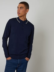 Threadbare Blue Cable Knit Long Sleeve Polo Jumper - Image 1 of 8