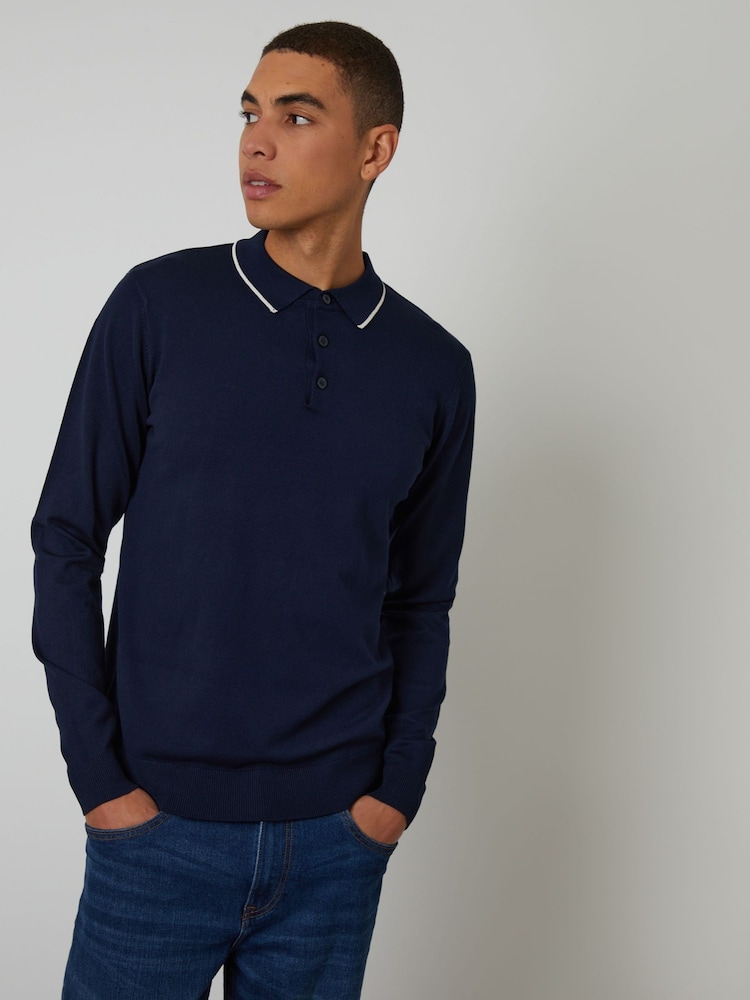 Threadbare Blue Cable Knit Long Sleeve Polo Jumper - Image 1 of 8