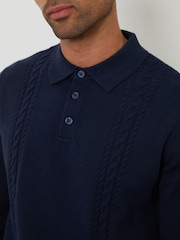 Threadbare Blue Cable Knit Long Sleeve Polo Jumper - Image 4 of 8