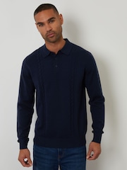 Threadbare Blue Cable Knit Long Sleeve Polo Jumper - Image 5 of 8
